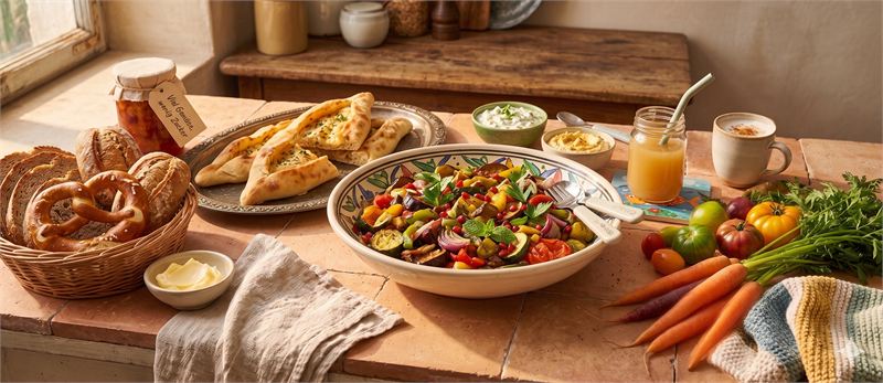 Frisch gekochtes, buntes Mittagessen mit viel Gemüse